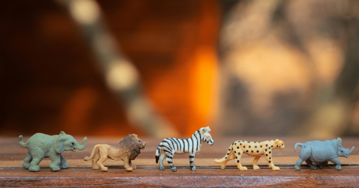 image - California Mental Health Figurines of an elephant, lion, zebra, cheetah, and rhino lined up, symbolizing mental health challenges like Seasonal Affective Disorder.