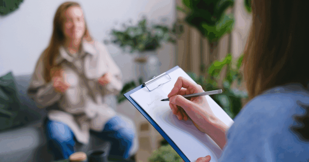 image - California Mental Health Ganser Syndrome assessment: Therapist taking notes during a patient consultation, focusing on psychological evaluation.