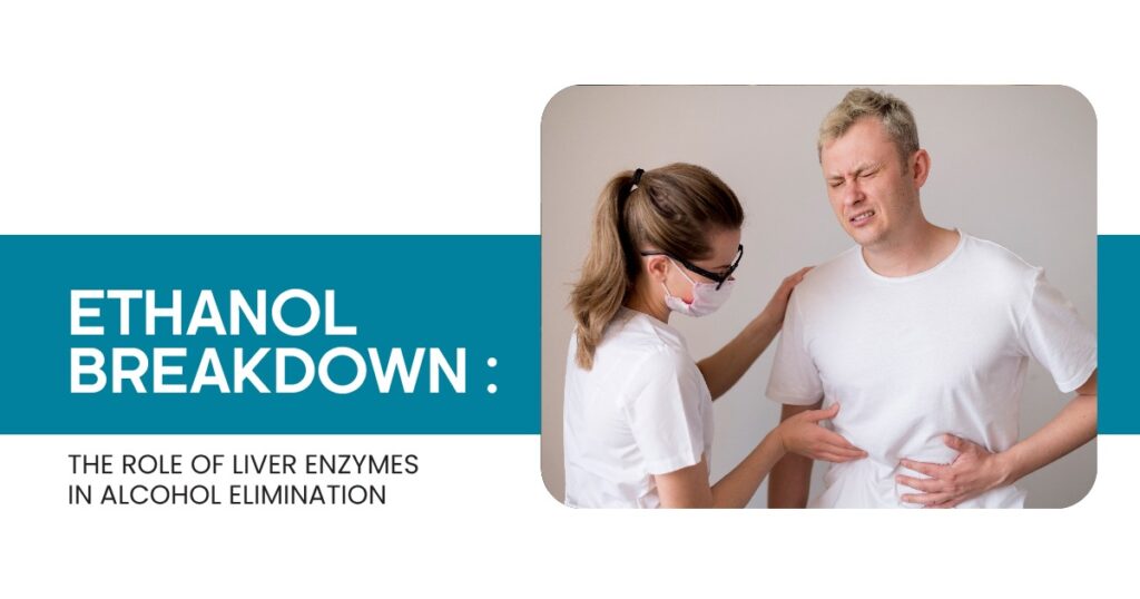 Ethanol breakdown illustration showing a healthcare professional examining a man with abdominal pain, explaining alcohol metabolism in the liver.