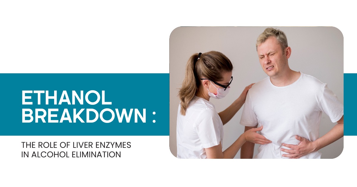 Ethanol breakdown illustration showing a healthcare professional examining a man with abdominal pain, explaining alcohol metabolism in the liver.