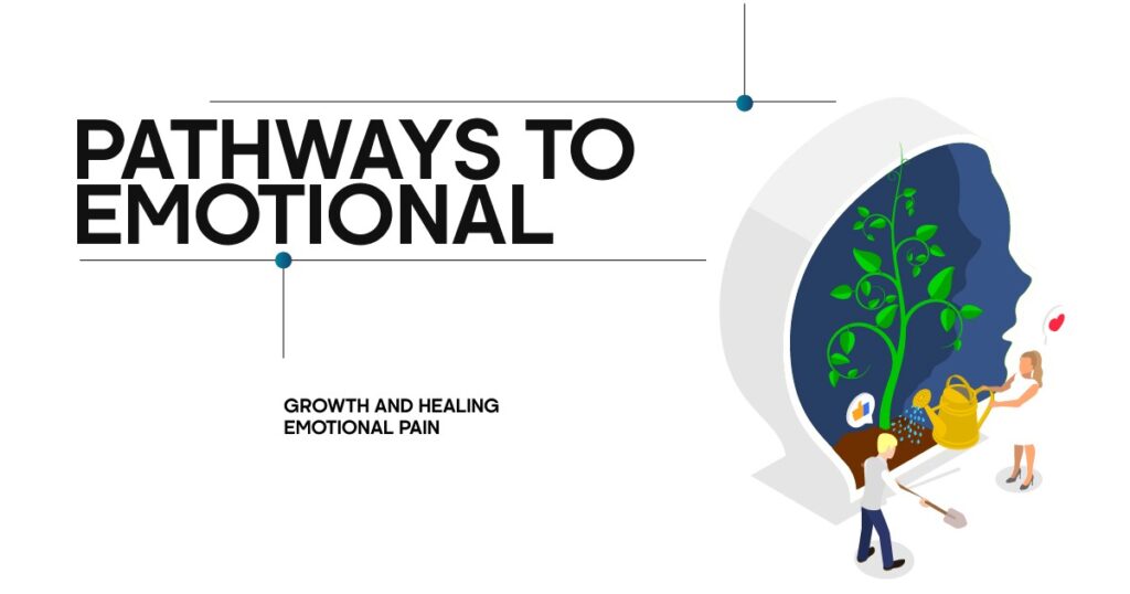 Illustration showing pathways to emotional growth and healing, with people nurturing a plant inside a human head silhouette.