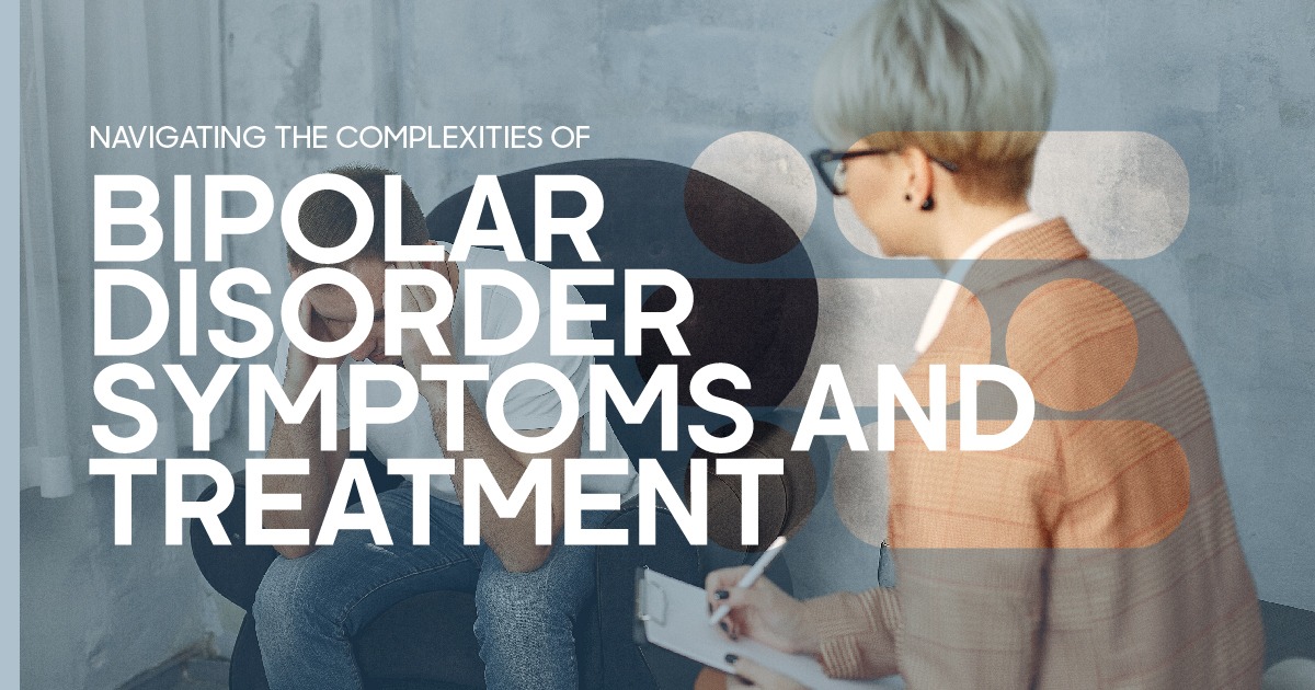 Person sitting with head down during a therapy session while a therapist takes notes, overlaid with the text “Navigating the Complexities of Bipolar Disorder Symptoms and Treatment.”