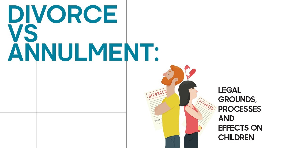 Illustration of a separated couple standing back to back holding divorce papers, with the text “Divorce vs Annulment: Legal Grounds, Processes, and Effects on Children.”