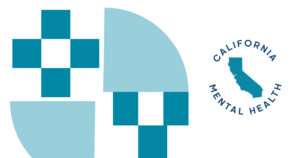 Abstract teal and light-blue geometric shapes on the left; circular California Mental Health logo with the blue California outline on the right.