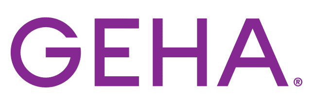 GEHA wordmark logo in bold purple letters on a transparent background