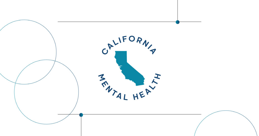 Logo featuring a teal silhouette of California surrounded by dark blue curved text reading 'CALIFORNIA MENTAL HEALTH' in a circular layout.
