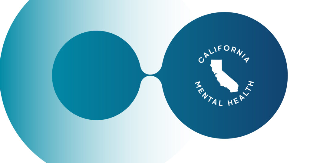 Logo featuring two overlapping teal circles with a gradient left side; the right circle contains a white California outline and the words 'CALIFORNIA MENTAL HEALTH' arranged around the circle.
