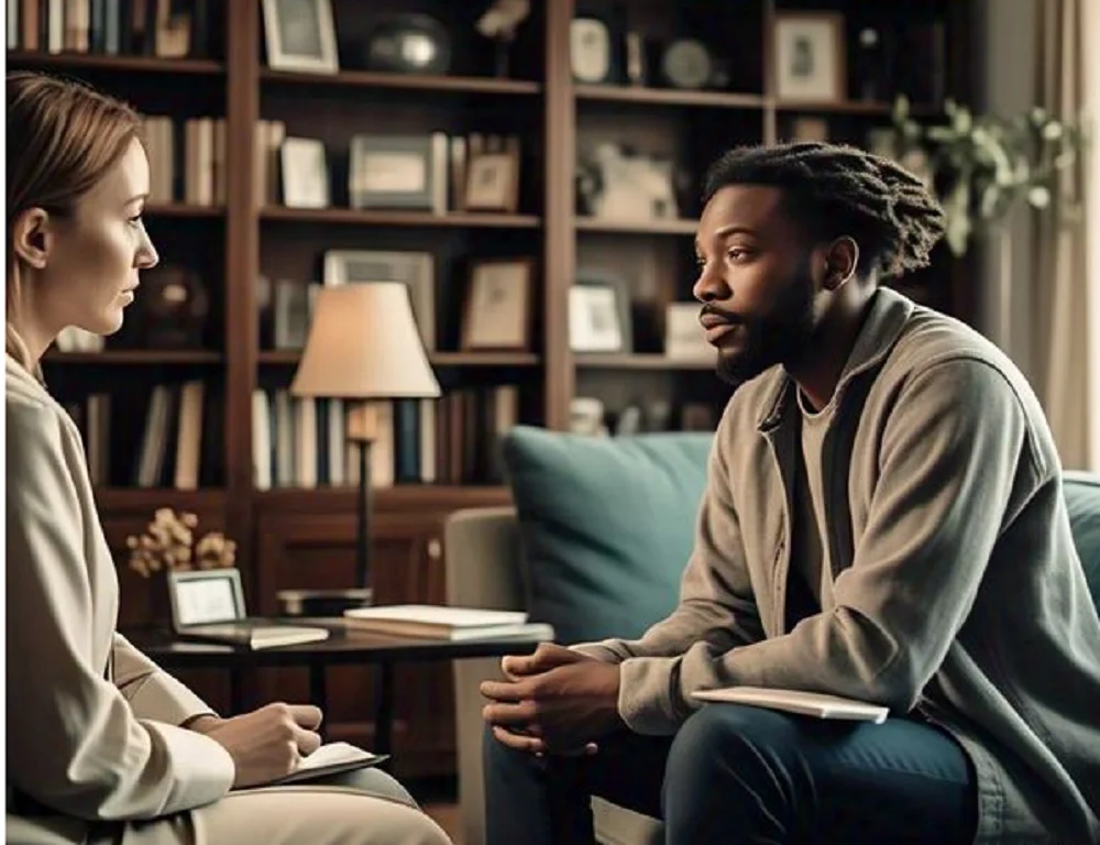 A man and a woman sit facing each other in a therapy-style conversation in a cozy living room with bookshelves behind them.