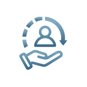 Support and protection: a hand beneath a user icon with a curved arrow circling above, indicating care and assistance.